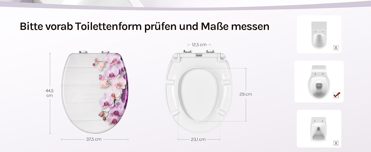 Der Text lautet „Bitte vorab Toilettenform prüfen und Maße messen“ (Bitte überprüfen Sie das Toilettenformular im Voraus und messen Sie die Abmessungen aus). Die abgebildeten WC-Sitzbezüge sind mit Blumenmuster und weißen Optionen versehen, einschließlich Maßdiagrammen und Montagezubehör.