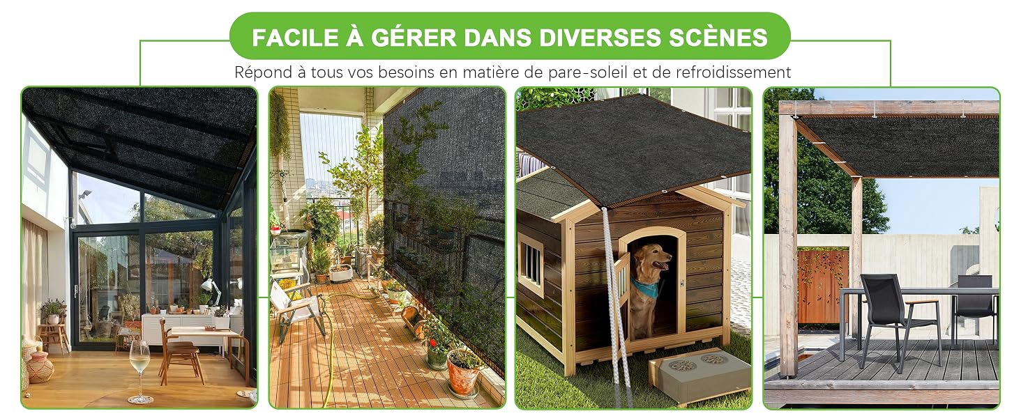 Collage de quatre scènes extérieures montrant des couvertures de patio grises ou des pare-soleil installés sur différents espaces de vie extérieurs et terrasses.