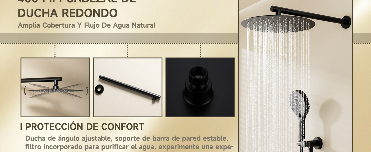 El texto dice «DUCHA REDONDO» y «PROTECCIÓN DE CONFORT». Las instrucciones de instalación o montaje del producto muestran los componentes del cabezal de ducha y los detalles de montaje.