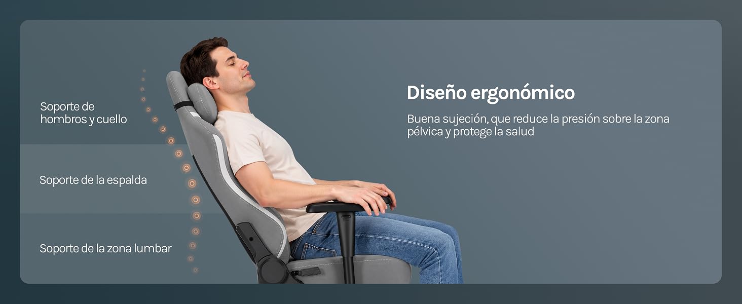 Hombre sentado contra la pared azul con camiseta blanca. El texto dice «Diseño ergonómico» y «Fabricado con materiales de primera calidad para ofrecer confort y durabilidad».