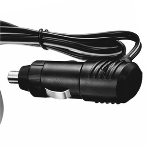 Black cylindrical car charger adapter with attached cable, featuring a sleek design for vehicle use.