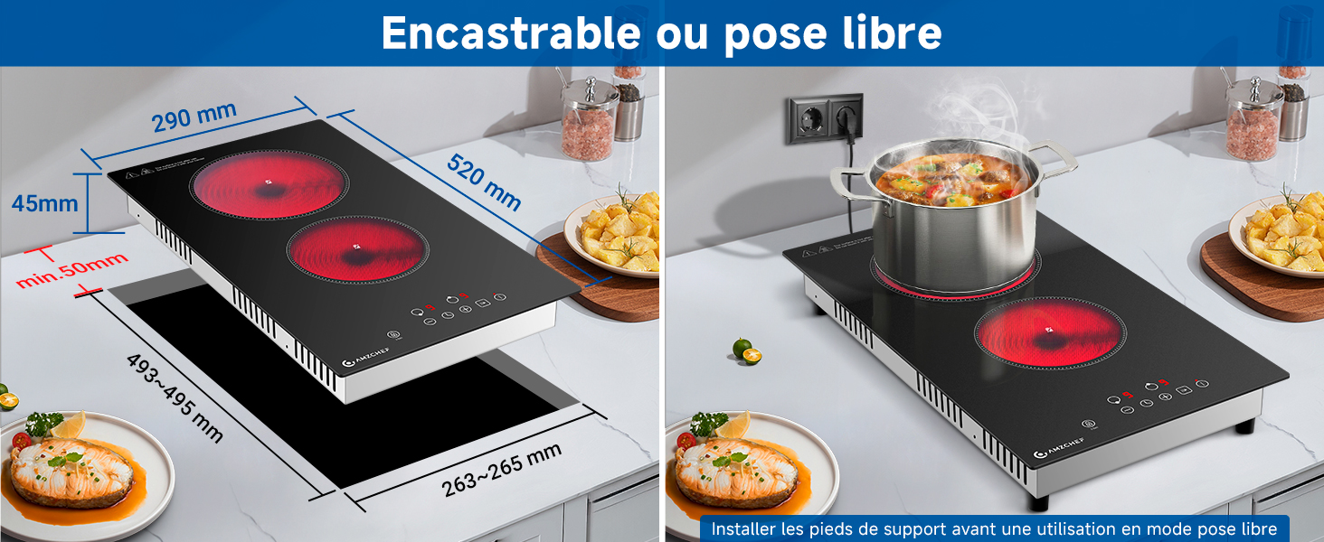 Le texte se lit comme suit : « Encastrable ou pose libre ». Image divisée montrant une table de cuisson encastrée en céramique avec des éléments chauffants rouges installés dans le comptoir et en tant qu'unité autoportante.