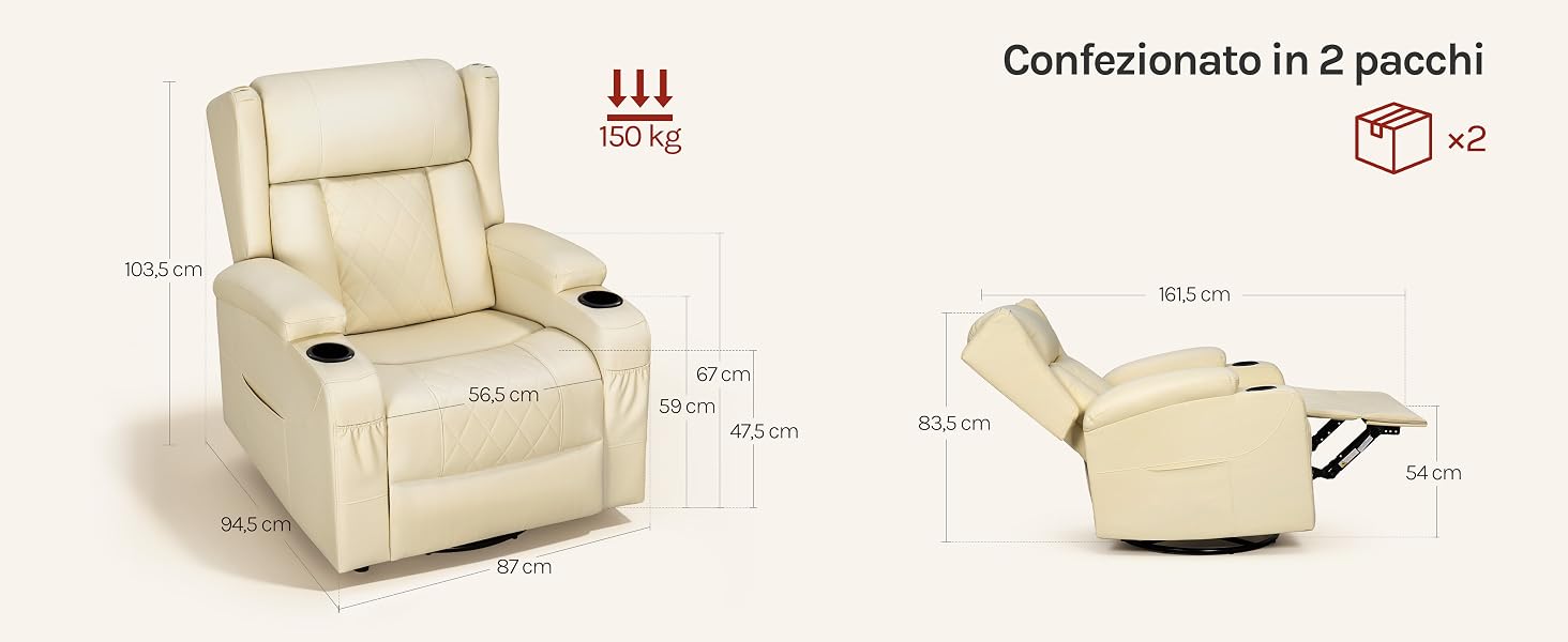 Il testo recita «Reclinatorio in 2 spazi» con diagrammi di misurazione. Sedia reclinabile beige mostrata da più angolazioni con braccioli, poggiapiedi e pannelli di controllo laterali per il posizionamento regolabile.