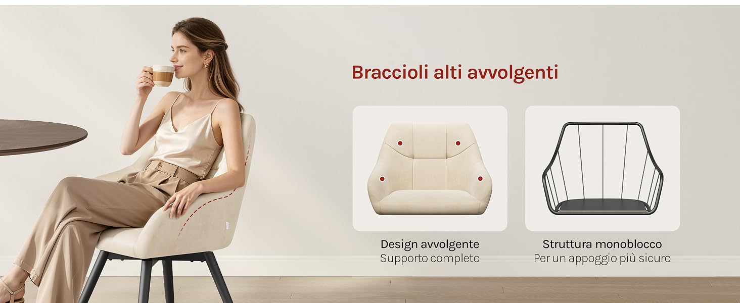 Il testo recita «Braccialetti antitraspiranti». Donna seduta con indosso abiti beige con due immagini del prodotto che mostrano una pochette beige e un disegno a tratteggio di modelli strutturati di borse.