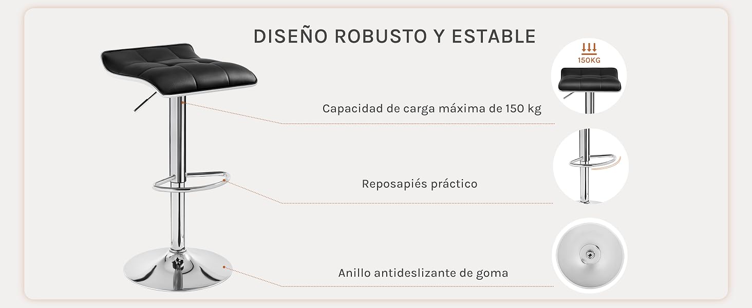 con asiento negro y base cromada. Las características incluyen un giro de 360°, un elevador neumático y una capacidad de peso de 150 kg. Rango de altura: 60 a 80 cm.