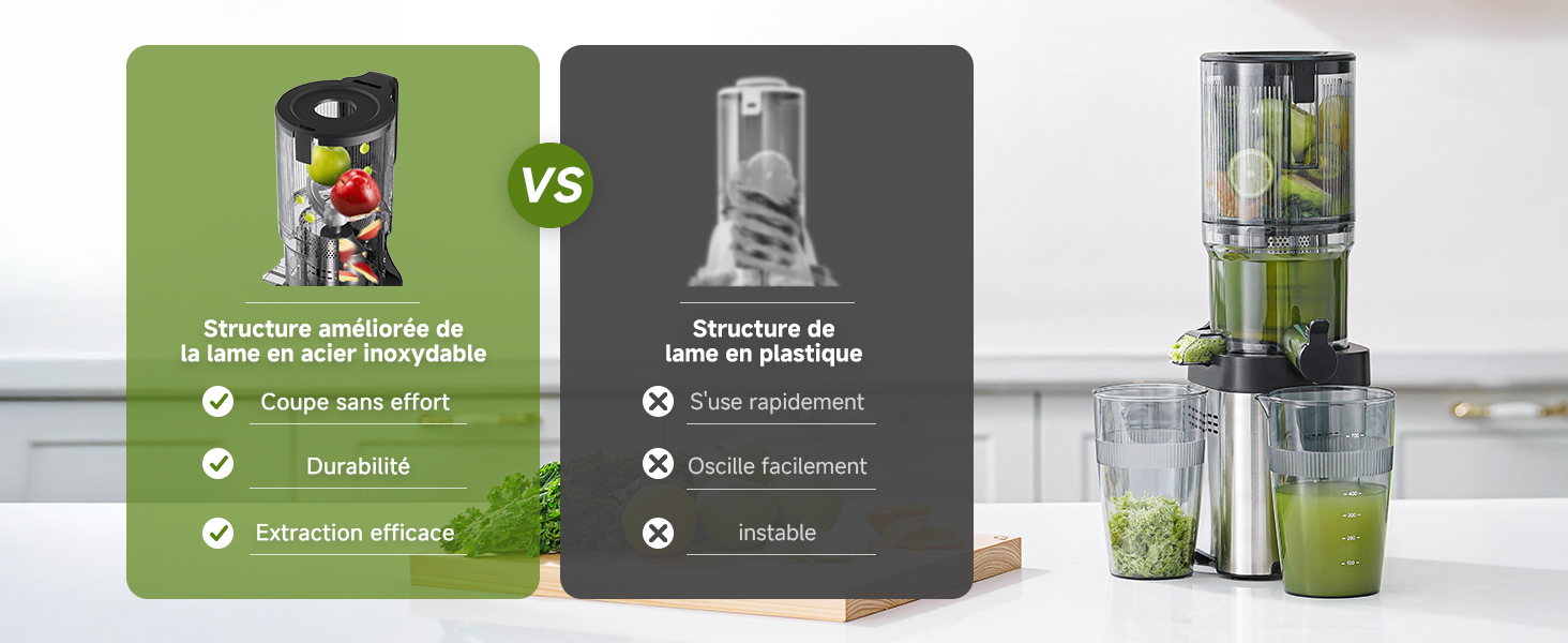 Comparaison des caractéristiques du mélangeur : modèle vert avec structure de lame en métal et modèle en plastique gris. Le panneau de droite montre un mélangeur assemblé avec un récipient en verre et un smoothie vert