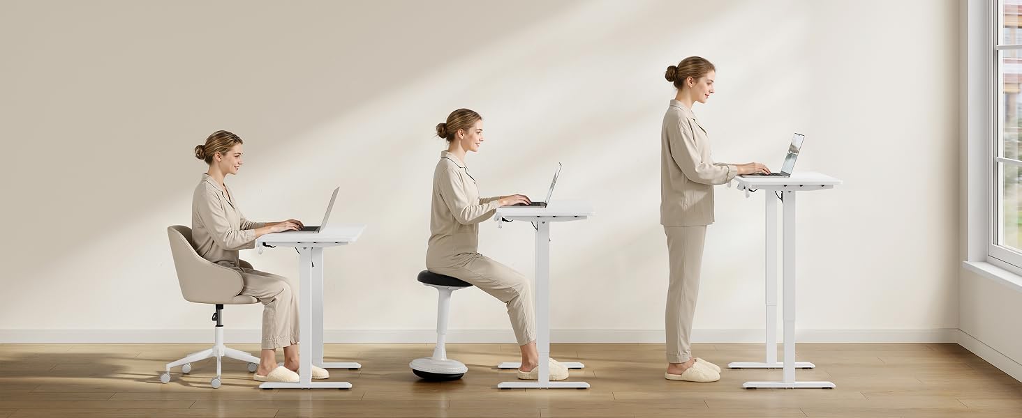 Serie de imágenes que muestran la configuración ergonómica de la estación de trabajo con escritorio y taburete ajustables en un espacio en blanco minimalista.