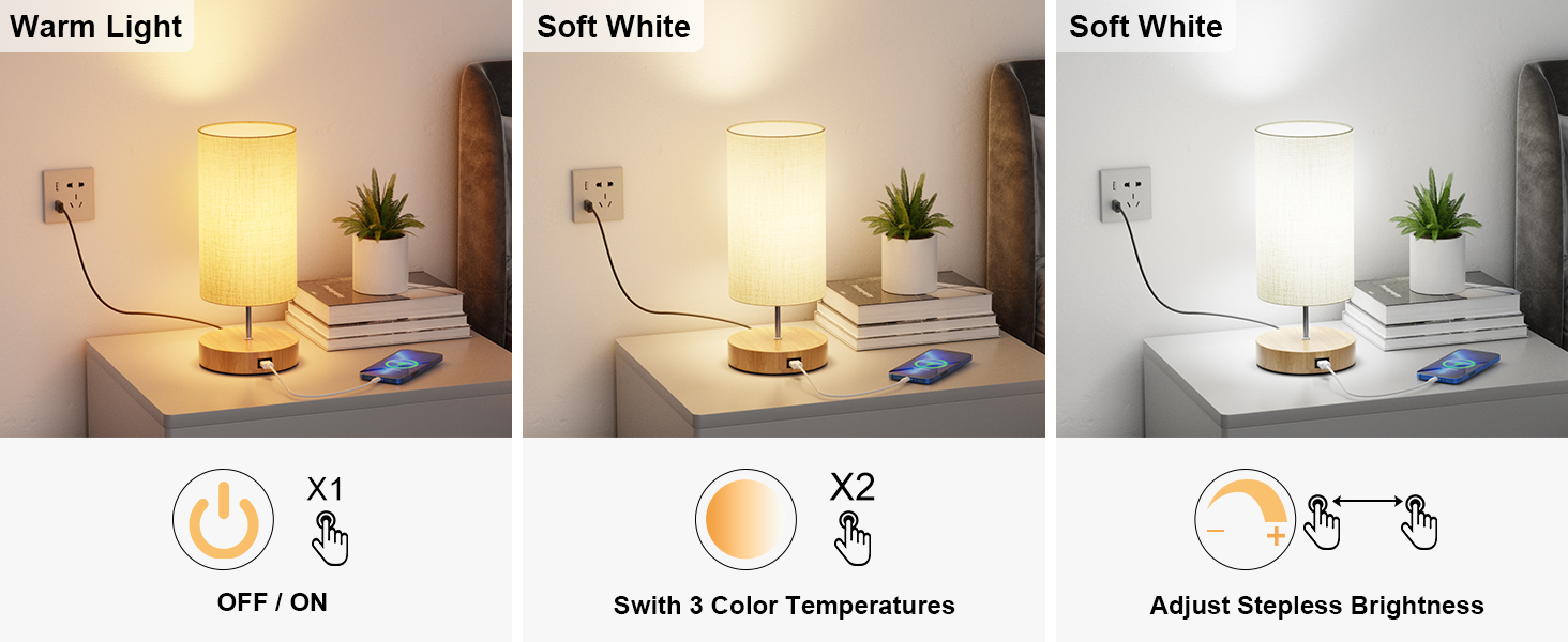 Set mit 2 Touch-Nachttischlampen, Tischlampe mit 3 Farbtemperaturen und kontinuierlicher Helligkeit