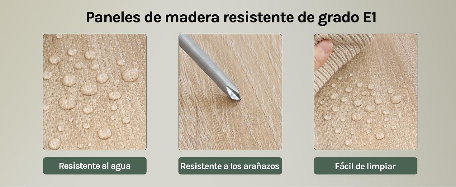 Demostración multipanel de paneles de madera resistentes al agua, que muestra la formación de gotas de agua en la superficie y