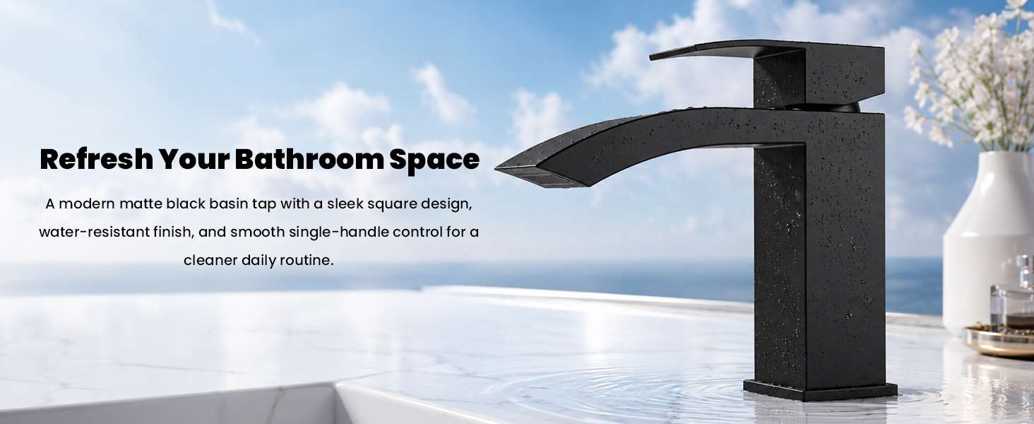 Text reads 'Refresh Your Bathroom Space' followed by descriptive paragraph about bathroom fixtures. Modern black shower head mounted on wall with waterfall design over minimalist bathroom setting.