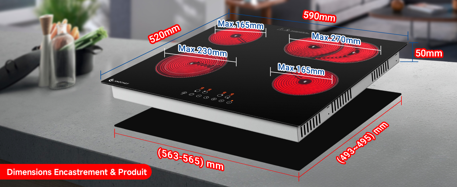 Schéma technique montrant une surface noire avec des indicateurs de mesure rouges et des dimensions marquées dans un format de mise en page précis.