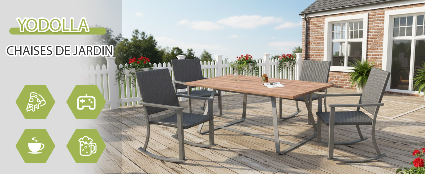 Le texte se lit comme suit : « CHASES OF MENU ». Exposition de mobilier de patio extérieur montrant plusieurs chaises et tables modernes grises sur une terrasse avec des icônes superposées.