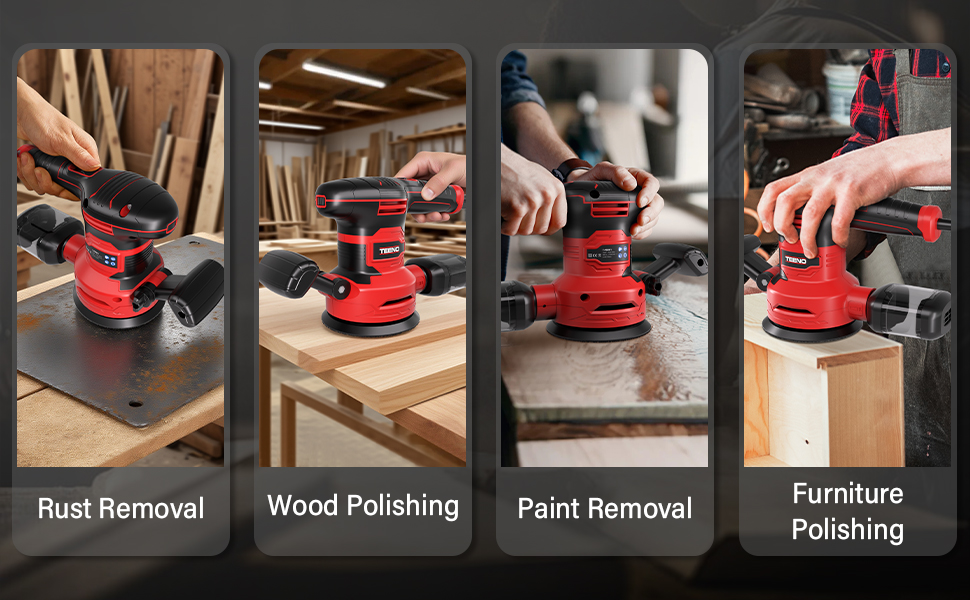 El texto dice «Eliminación de óxido», «Pulido de madera», «Eliminación de pintura», «Muebles». Serie de imágenes de demostración del producto que muestran el uso de una herramienta eléctrica roja en superficies de madera para diferentes tareas de acabado.