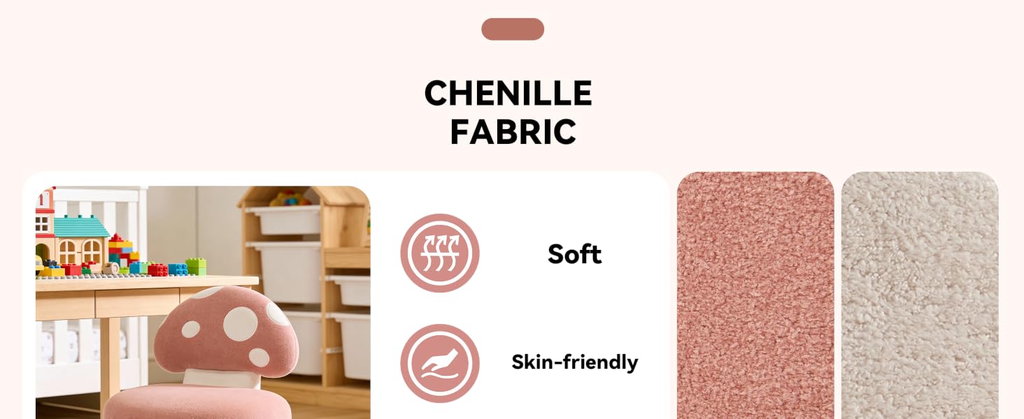 Text reads 'CHENILLE FABRIC' and 'Soft', 'Skin-friendly'. Close-up textile samples showing textured fabric in pink and beige colors with product feature icons.
