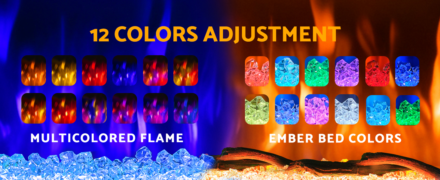 Der Text lautet „12 COLORS ADJUSTMENT“ und „AMBER RED COLORS“. Oberfläche zur Farbanpassung mit mehreren Variationsmöglichkeiten im Regenbogenspektrum, wobei der Schwerpunkt auf Rottönen liegt.