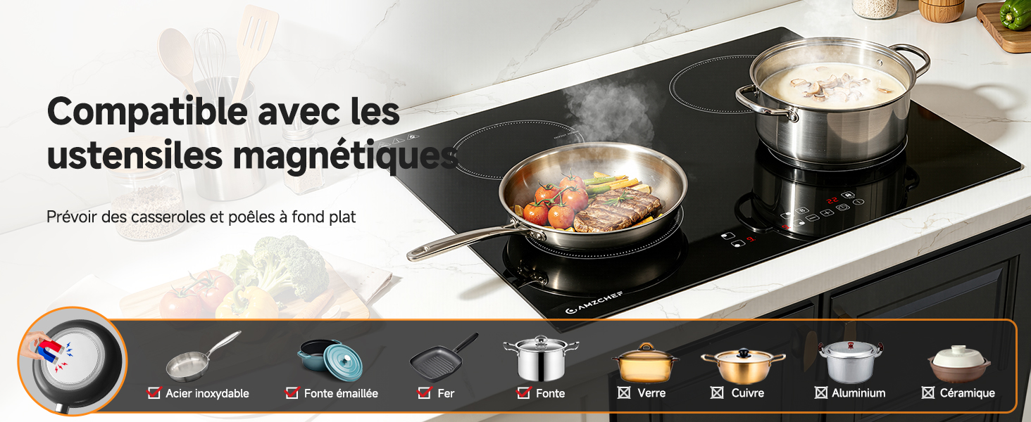 Le texte se lit comme suit : « Compatible avec les ustensiles magnétiques » et « Induction ». Table de cuisson à induction avec deux casseroles contenant des aliments. Les icônes du bas indiquent la compatibilité des ustensiles de cuisine magnétiques et les différentes fonctions de cuisson.