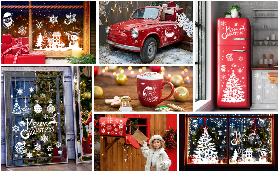 Collage con motivos blancos, darunter ein roter Oldtimer, festliche Schaufenster dekorationen, eine rote Tasse und Weihnachtsdekorationen mit Schneeflockenmustern