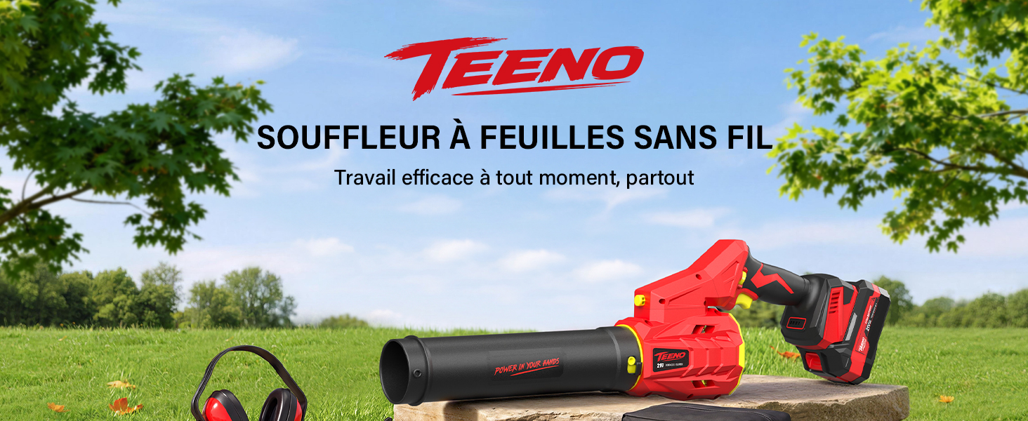 Le texte se lit comme suit : « TEENO », « SOUFFLEUR À FEUILLES SANS FIL » et « Travail efficace à tout moment, partout ». Souffleur à feuilles sans fil rouge sur herbe avec fond extérieur et marque du produit.