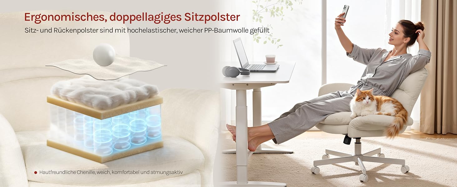 Bilderserie, die den Lehnstuhl in verschiedenen Positionen zeigt und die verstellbaren Winkel und Komforteinstellungen in einer häuslichen Umgebung zeigt.