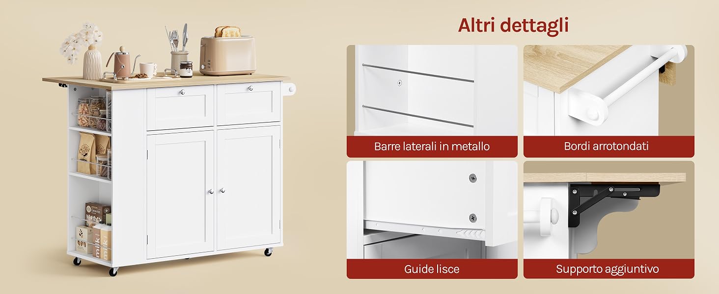 Il testo recita 'Albri dettagli'. Carrello da cucina bianco con vani portaoggetti mostrati accanto alle schede tecniche del prodotto o ai pannelli di istruzioni con sezioni rosse.