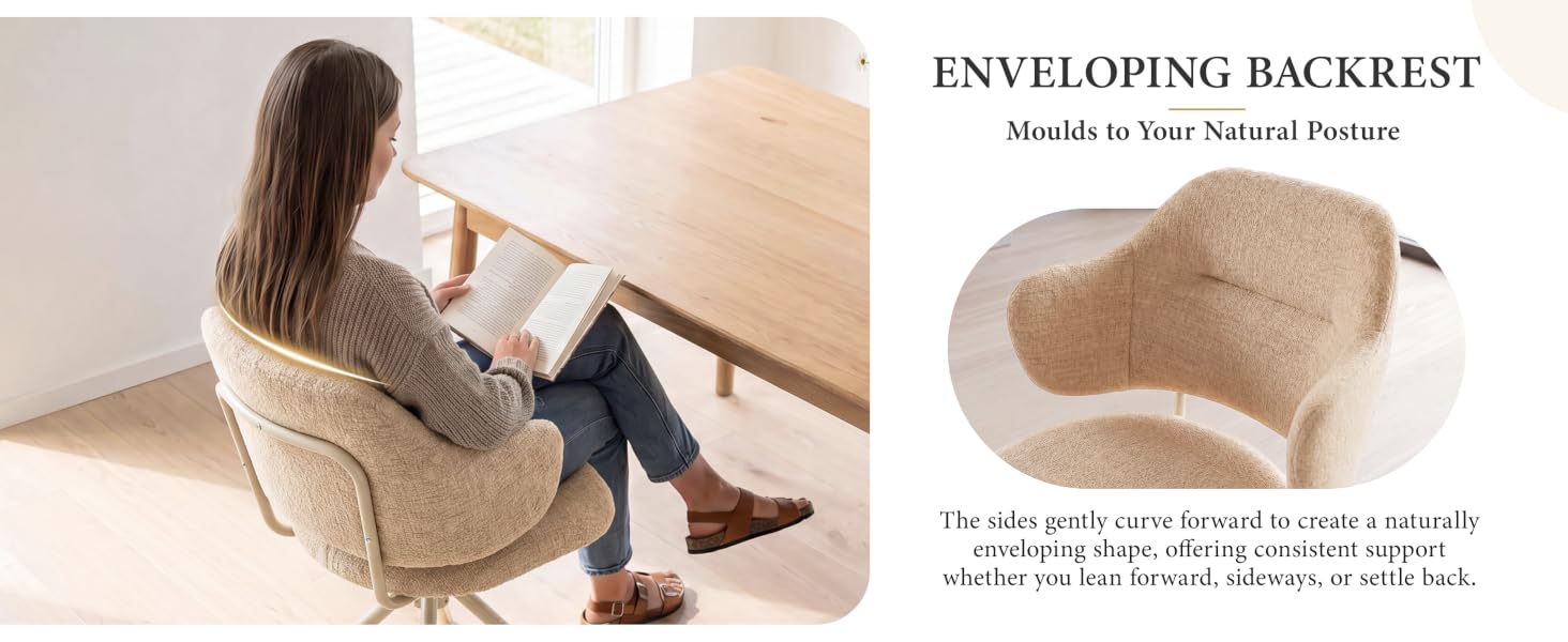 Text reads "ENVELOPING BACKREST" with "Woolrich by Luxe Natural Fibers" branding. Woman sitting in natural fiber chair, with close-up detail of woven backrest construction and material composition information.
