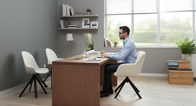 Series of images showing a desk setup in a home office environment, featuring an adjustable desk or table in different positions with laptop and accessories.
