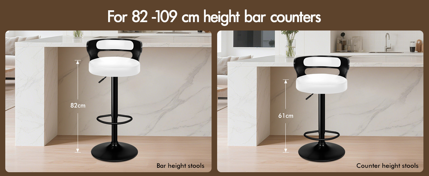 Text reads 'For 82-109 cm height bar counters'. Product photos showing height-adjustable bar chair with black and white design elements and curved frame.