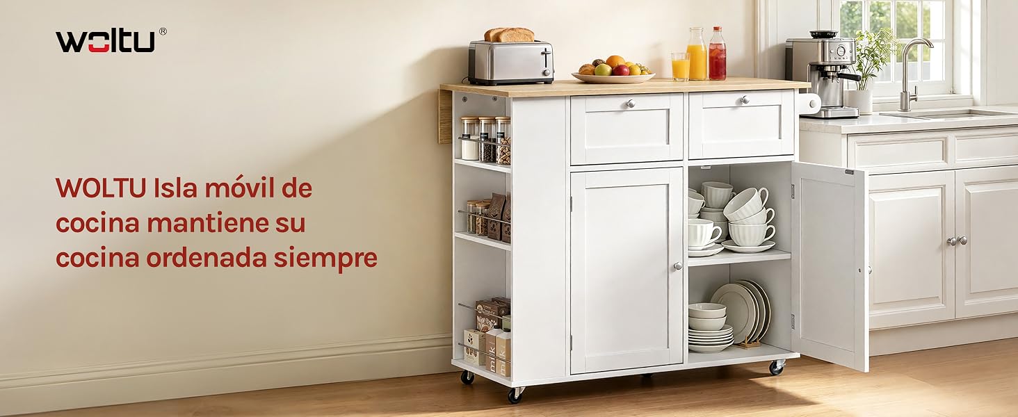 El texto dice «WOLTU» y «WOLTU Isla móvil de cocina mantiene su cocina ordenada siempre». Isla de cocina móvil blanca con múltiples compartimentos de almacenamiento, cajones y estanterías que se muestra en el interior de la cocina.