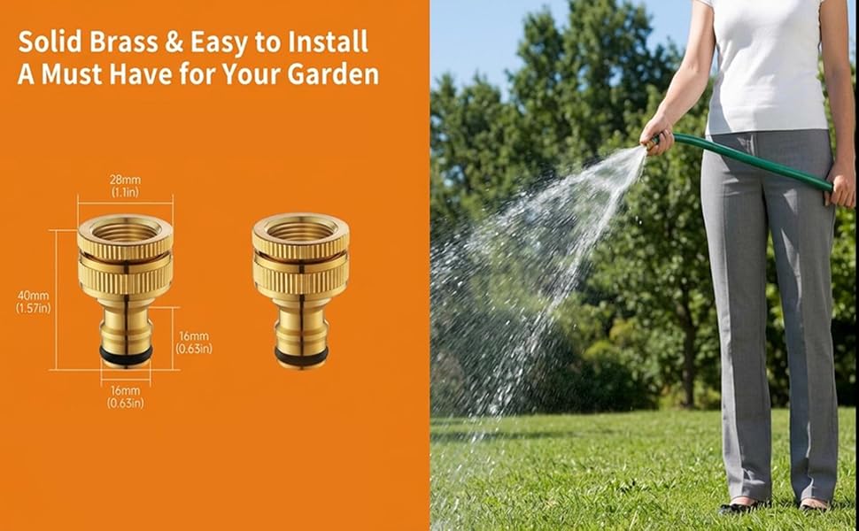 Text reads 'Solid Brass &amp; Easy to Install' 'A Must Have for Your Garden'. Orange background showing two brass hose nozzles on left; lawn sprinkler system in action on right.