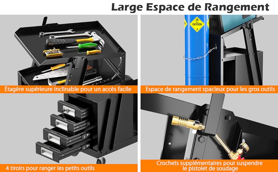 Chariot De Soudage 3 Niveaux COSTWAY - Table Inclinable, 4 Roues Et Chaînes De Sécurité - Pour Poste TIG MIG Plasma - Organisation Atelier - Capacité 100 Kg
