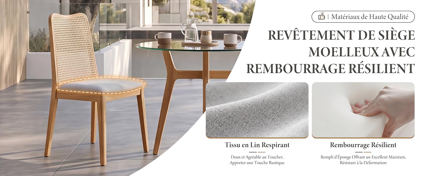 Le texte indique « REVÊTEMENT DE SIÈGE MOULÉ UN AXC REMBOURRAGE RÉSILIENT ». Chaise de salle à manger rembourrée beige montrée de face et de côté avec détail en tissu en gros plan.