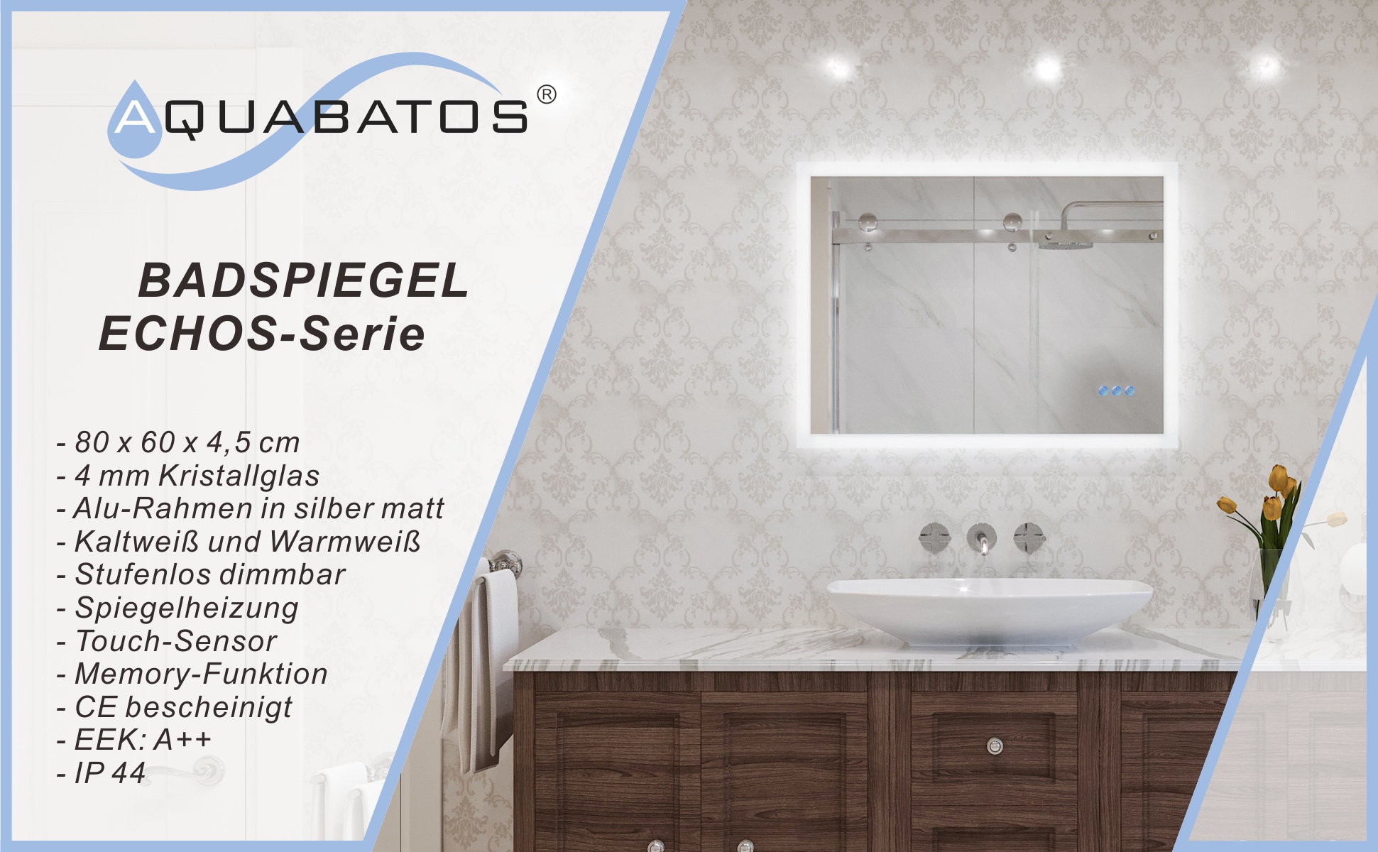 Beleuchteter Badspiegel LED Wandspiegel 80x60cm ECHOS Typ C