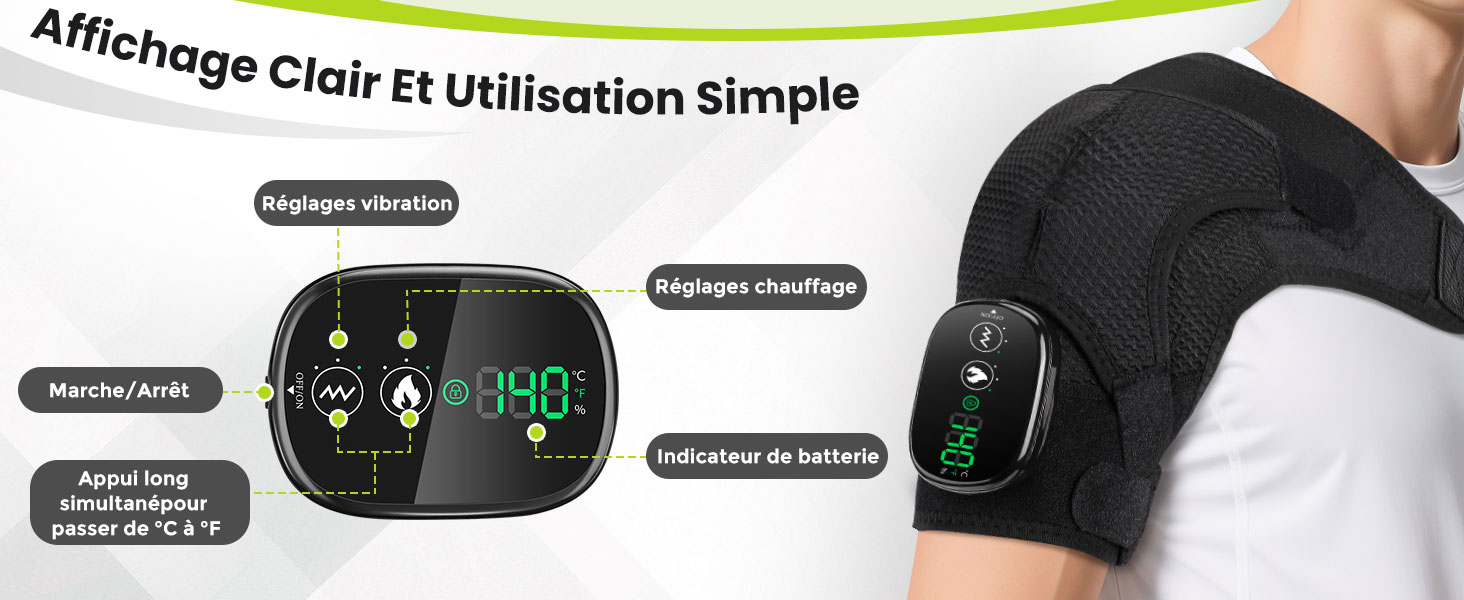 con display digitale che mostra la temperatura e il livello della batteria. Dispone di impostazioni di vibrazione e calore, con un'interfaccia chiara per un facile utilizzo.