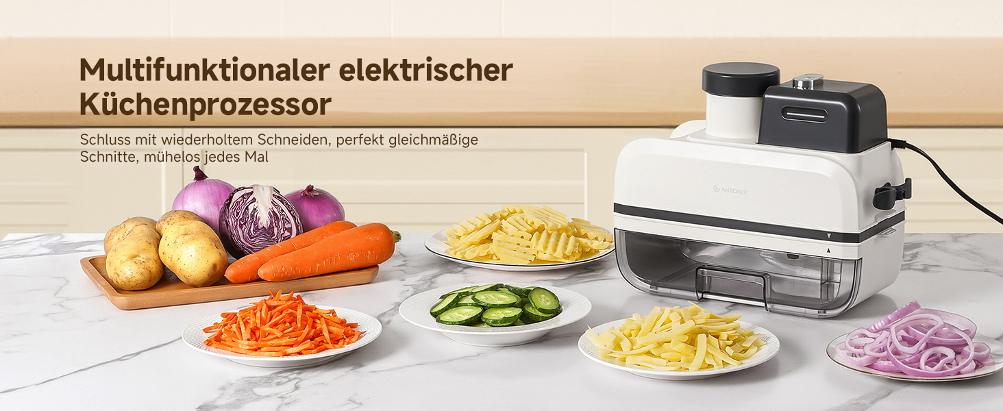 Der Text lautet „Multifunktionaler elektrischer Küchenprozessor“. Küchentheke mit verschiedenen Gemüsescheiben und Küchenmaschine mit Zubehör.