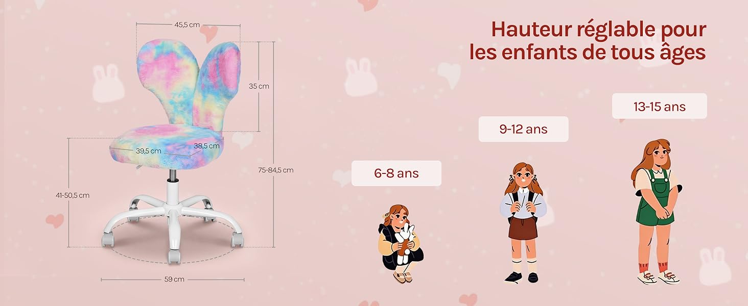 Le texte indique « Hauteur réglable pour les enfants de tous âges » et « 6-8 ans ». Infographie montrant la fonction de réglage de la hauteur avec des illustrations de dessins animés illustrant les étapes de croissance.