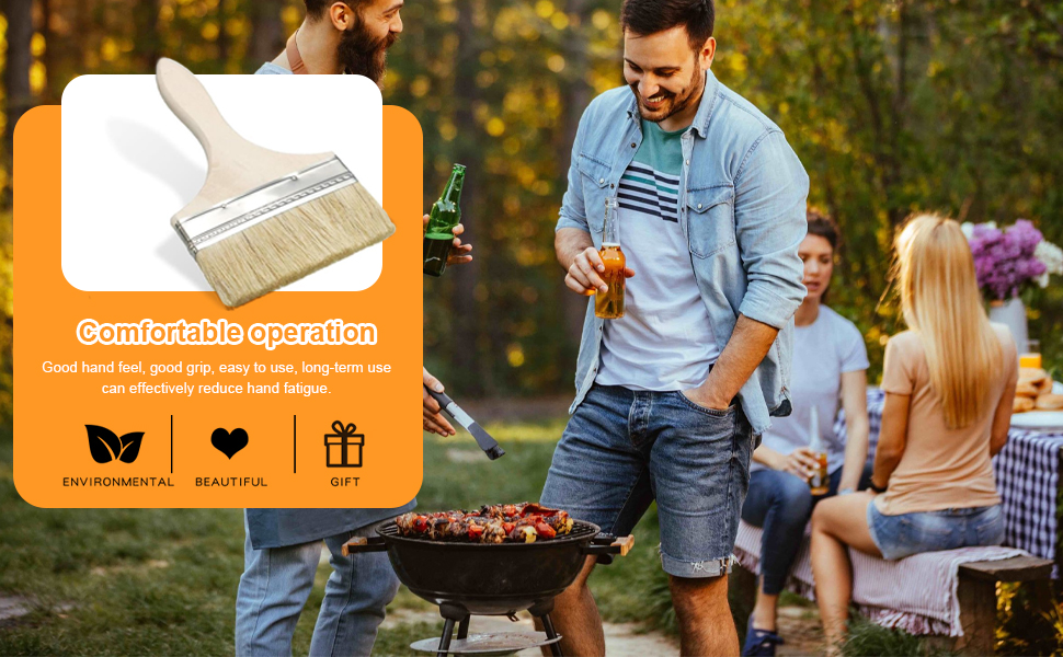 Scène de barbecue en plein air avec grill et panneau d'information mettant en évidence les caractéristiques de fonctionnement confortables d'un produit.