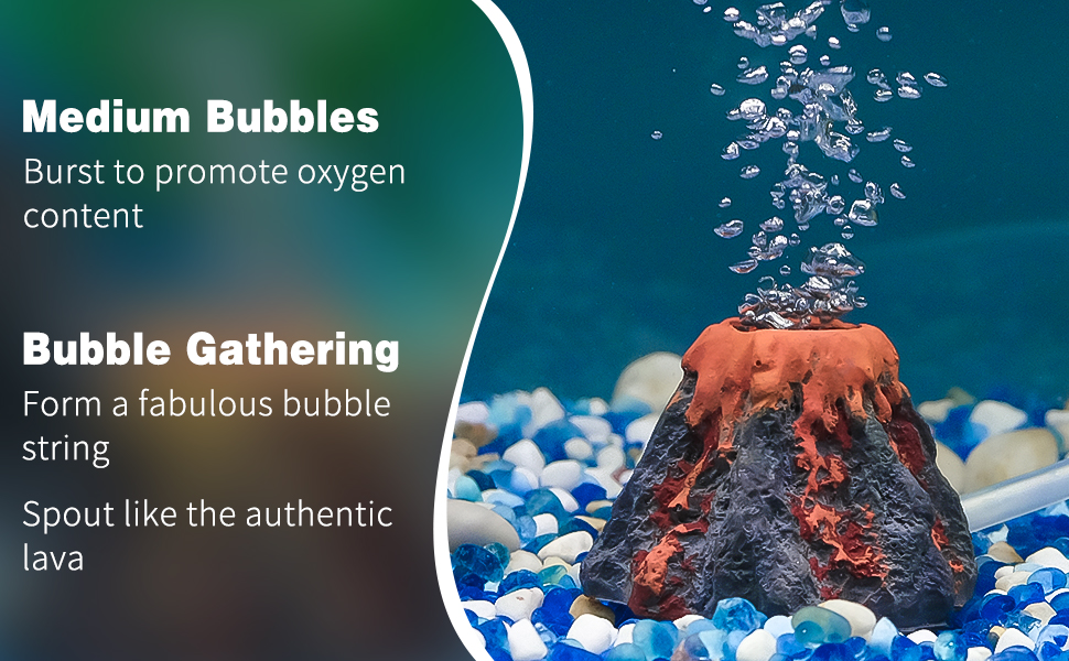 Aquarium scene with volcanic-shaped bubbler. Text describes 'Medium Bubbles' and 'Bubble Gathering' features for oxygen content and visual effect.