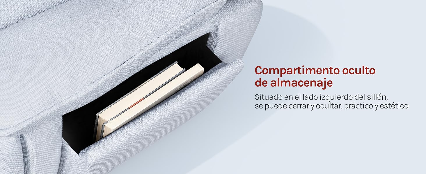 El texto dice «Compartimento oculto de almacenamiento». Bolsa de almacenamiento de tela gris con compartimento negro con cierre de cremallera que contiene un objeto cilíndrico blanco, lo que demuestra la función de almacenamiento oculto.