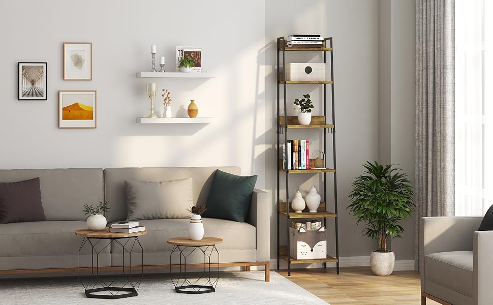 a living room with a couch, a coffee table, a plant and a shelf with books.