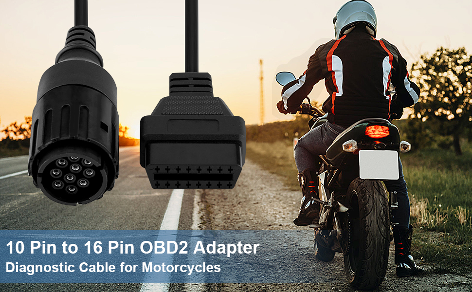 adaptateur OBD2 10 à 16 broches pour motos. L'image montre des connecteurs de câbles et un motocycliste sur une route de campagne