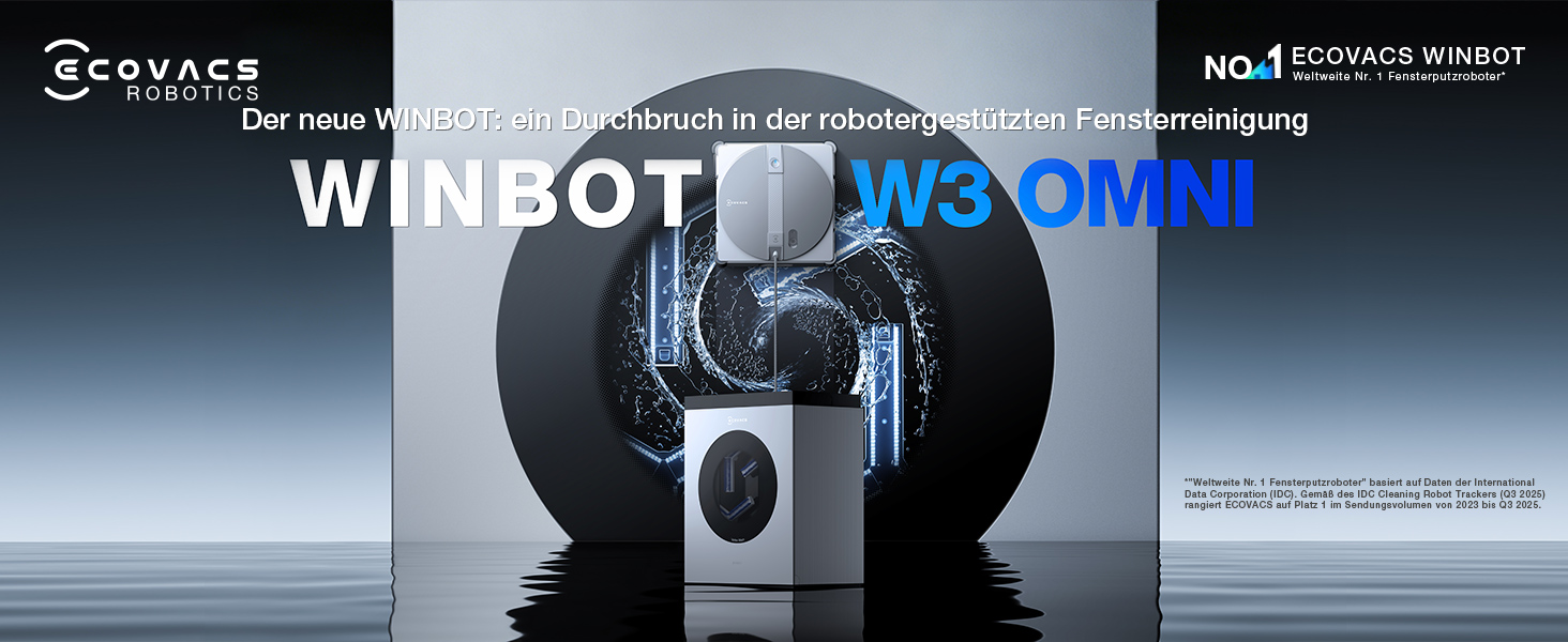Der Text lautet „WINBOT W3 OMNI“ und „No.1 Boosting System“. Werbebild für einen Fensterreinigungsroboter mit blauer technologischer Ästhetik.