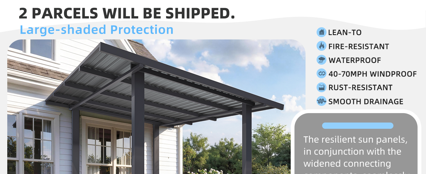 Text reads '2 PARCELS WILL BE SHIPPED', 'Unique Shaded Protection', and specifications: 'LEAN-TO', 'FIRE RESISTANT', 'WATERPROOF', '40 DEGREE WINDPROOF', 'RUST-RESISTANT', 'SMOOTH DRAINAGE'. Shade structure over patio with two installation photos.