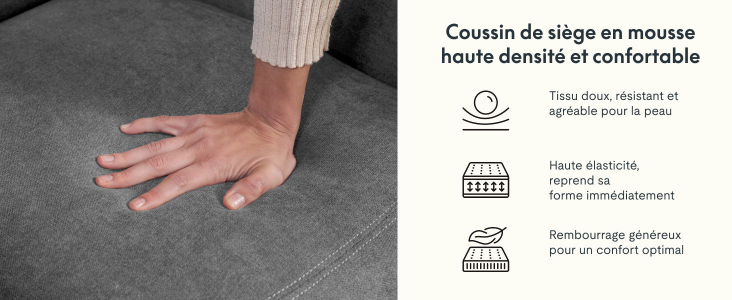 Tissu d'ameublement gris avec une pression de la main dessus, démontrant la densité du coussin. Les icônes indiquent les caractéristiques de durabilité, d'élasticité et de rembourrage du matériau du coussin de siège.