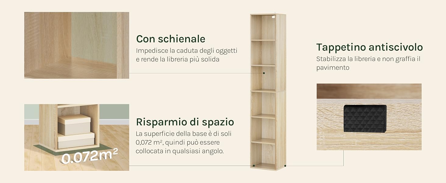 Libreria o contenitore in legno con più scomparti. Le caratteristiche includono design salvaspazio, pannello posteriore e cuscinetti antiscivolo. L'immagine mostra i dettagli e i vantaggi del prodotto in testo italiano
