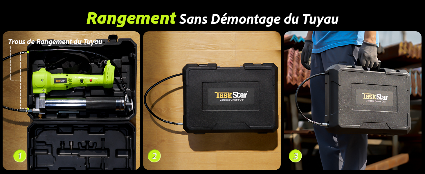 Image composite montrant trois vues d'une mallette de transport noire avec des accents jaunes, illustrant le stockage et le transport de l'équipement.