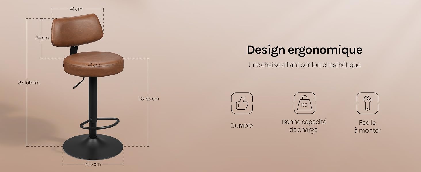 Le texte indique « Design ergonomique » et des indicateurs de mesure. Tabouret pivotant réglable marron avec assise et dossier rembourrés sur fond neutre avec marqueurs de dimensions et icônes caractéristiques.