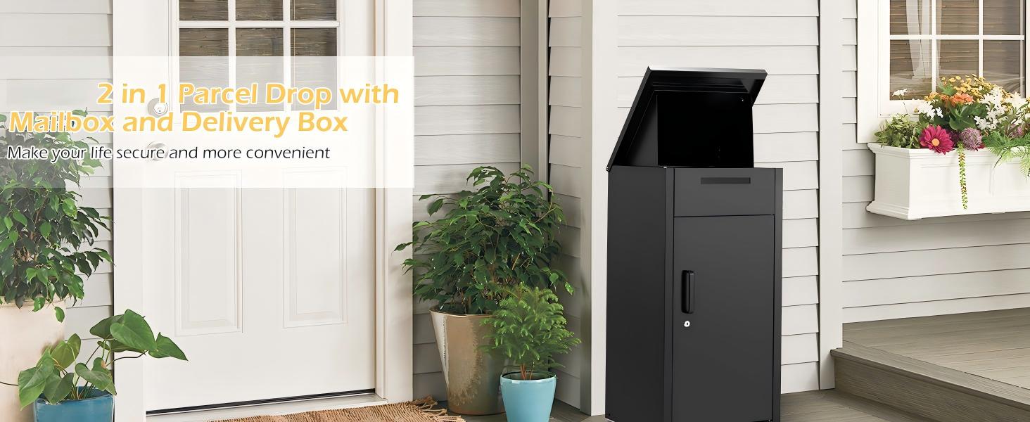 Text reads 'New Delivery Box'. White hinged storage box with black metal latch, displayed on white porch steps with potted green plants on either side.