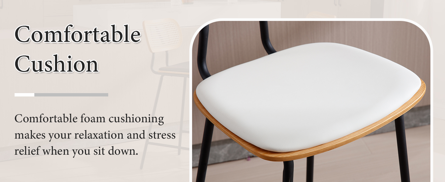 Chair seat cushion with white fabric and wooden trim. Text describes it as a comfortable foam cushion for relaxation and stress relief when sitting.