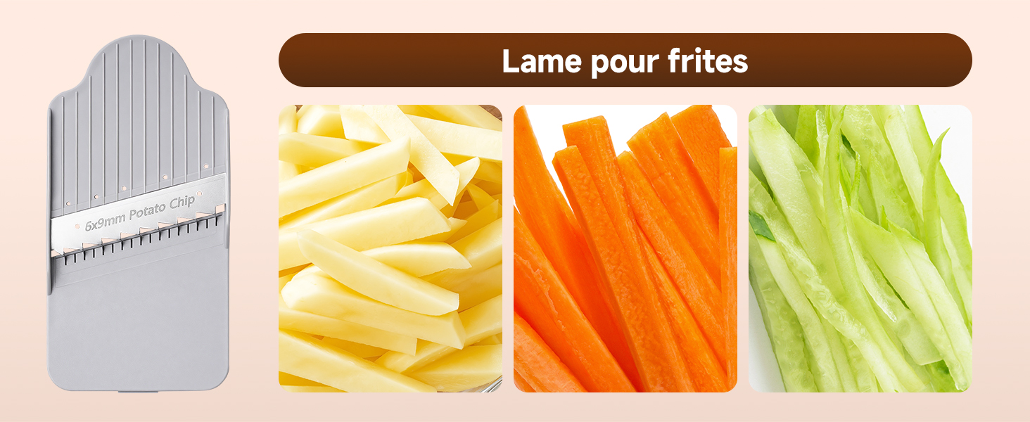 Le texte se lit comme suit : « Lame pour frites ». L'image montre un composant de lame en acier inoxydable à côté de frites et de tranches de légumes, démontrant la fonctionnalité de coupe des aliments.