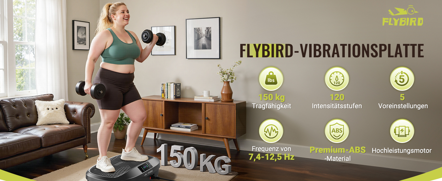 Der Text lautet „FLYBIRD VIBRATION PLATE“ und „150KG“. Vorführung von Trainingsgeräten mit mehreren Nutzungspositionen.